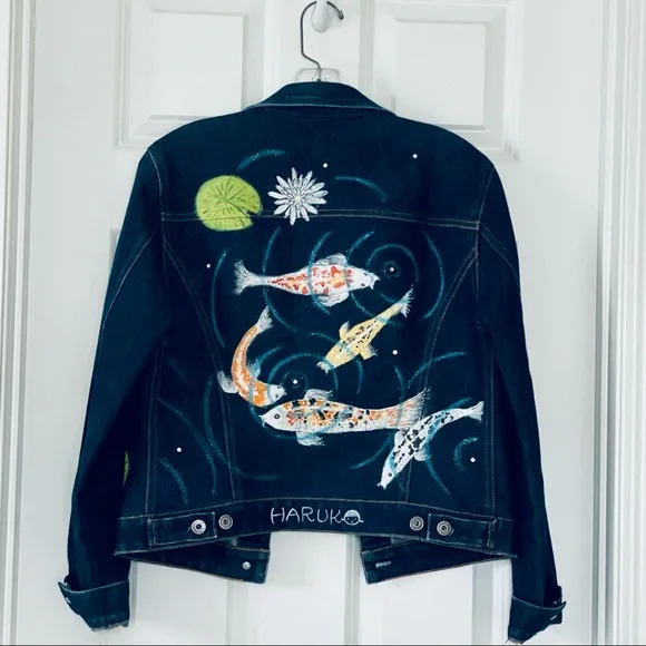 Gap Jean Jacket w/ Custom Handpainted Koi Fish & Haruka Girl - Picture 2 of 6
